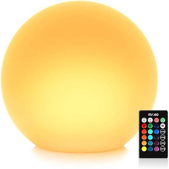 Mr.Go 14-inch LED Ball Light, Cordless Rechargeable Globe Lamp w/Remote, 16 RGB Color Changing Dimmable Mood Lamp, Waterproof Decorative Glow Orb Light for Home Outdoor Garden Patio Pool Party Decor