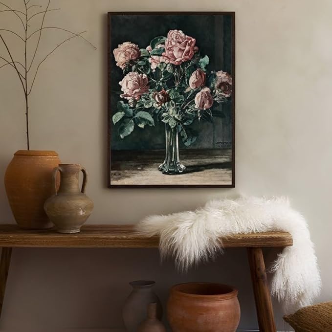 Nationcog Pink Rose Wall Art Print - Vintage Flower Bouquet Painting in Glass Vase - Antique Floral Still Life Artwork for Living Room, Bedroom, Office, Hallway, Home Decor (Unframed) (27x40)
