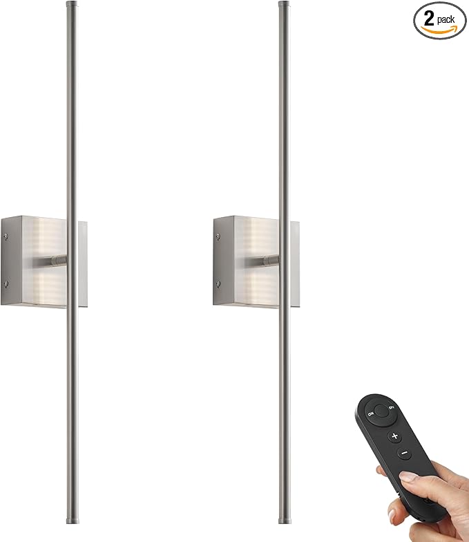 Battery Operated Wall Sconces with Remote Control, Dimmable Wall Sconces Set of Two, 350°Rotate, 3000K LED Nickel Wireless Wall Light for Living Room, Hallway, Bedroom, 24.4 Inch (2 Pack)