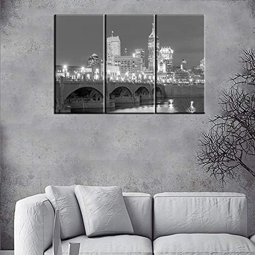 Canvas Print Wall Art Painting for Home Decor Black and White Indianapolis Skyline Night Buildings Cityscape Coastline 3 Pieces Paintings Artwork Picture City Pictures Photo Prints On Canvas 24x36inch