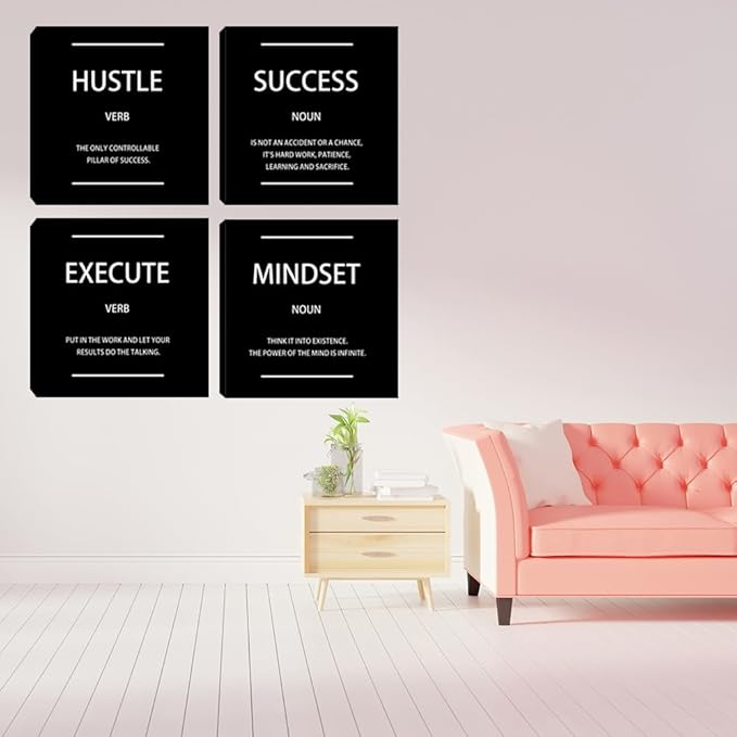 Motivational Hustle Wall Art Inspirational Mindset Canvas Poster Print Inspiring Entrepreneur Quotes Success Execute Office Wall Decor Black Set of 4 Picture Painting Framed Artwork for Living Room