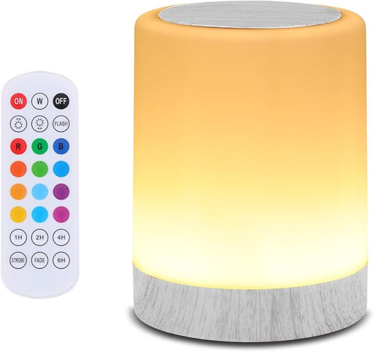 OORUN Touch Bedside Table Lamp,13 RGB Colors & 5 Brightness, USB Rechargeable Desk Lamp, Remote Control Dimmable Light with RGB Color Changing,Portable Lamp for Baby (Wood Grain Beige)