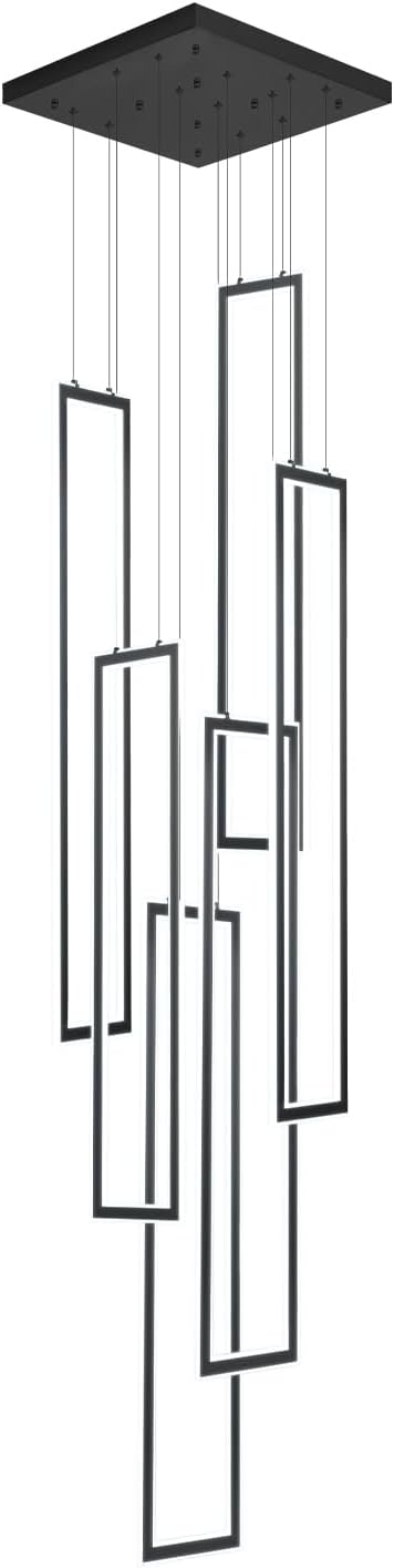 6-Rings Modern Chandelier,H138 Rectangle Chandeliers for Staircase,LED Dimmable High Ceiling Chandeliers Large Contemporary Chandelier for Villa Foyer Black