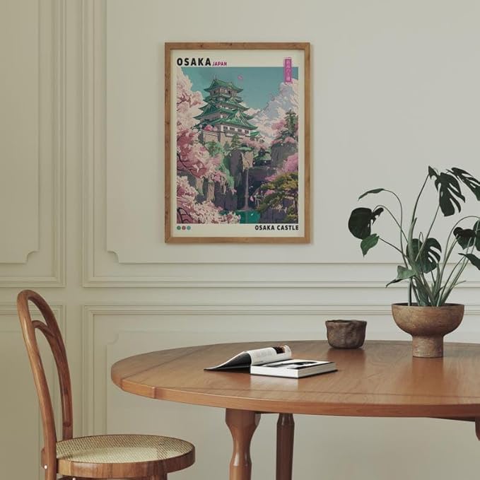 Osaka Castle Poster, Traditional Japanese Temple Wall Art Print with Cherry Blossoms, Japandi Asian Landscape Artwork, Vintage Decor for Living Room or Office (Unframed) (27x40)