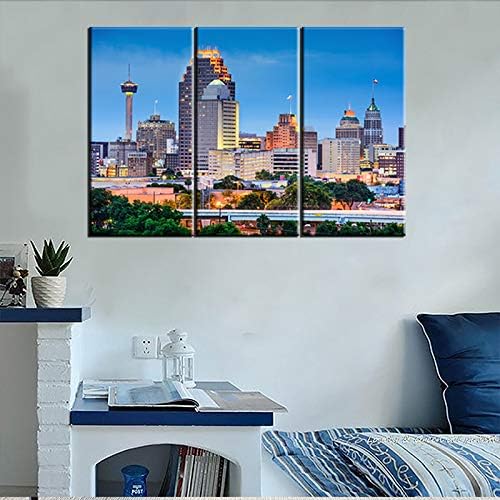 3 Pieces Wall Art Beautiful San Antonio Skyline Canvas Art Paintings for Room Decor Texas Cityscape Skyscrapers Night Scene Picture Prints On Canvas for Home Decor Modern Giclee Framed 24x36inch
