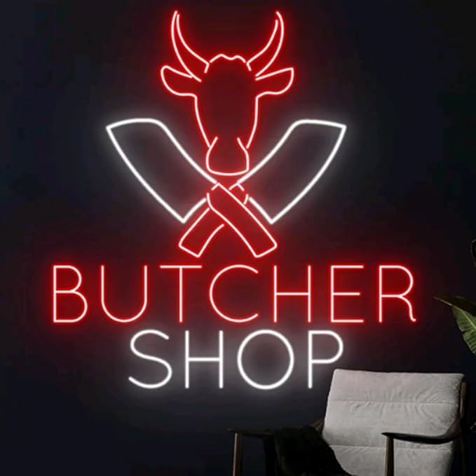 Butcher Shop Led Sign, Cow Led Light, Butcher Neon Light, Butcher Shop Neon Sign, Store Sign Wall Art, Kitchen Business Decor Size:18inches