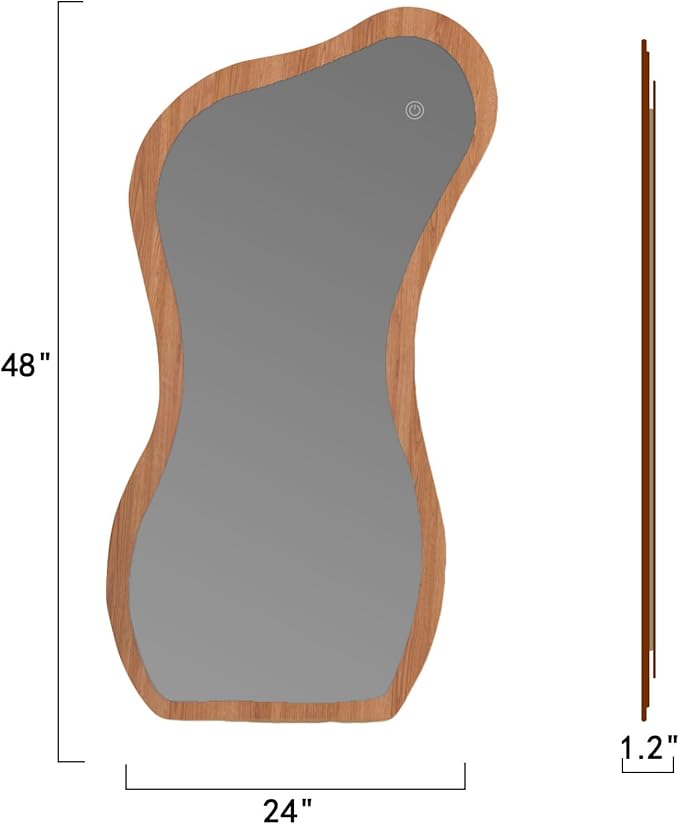 48" x 24" Irregular Led Wood Full Length Mirror with Lights Wavy Floor Mirror,Shatter-Proof Hanging/Leaning Irregular Asymmetrical Wall Mirror Wooden Framed Mirrors for Living Room Bedroom Entryway