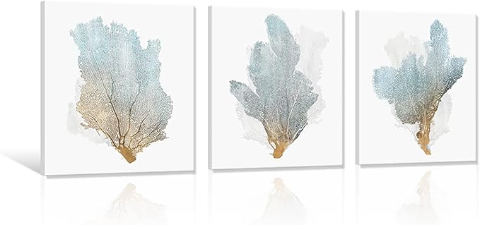 JAPO ART Delicate Coral Wall Decor for Bedroom Coastal Wall Art Home Decor Framed Sea Fan Pictures Nautical Prints Artwork for Bathroom Bedroom 16x16 x3pcs