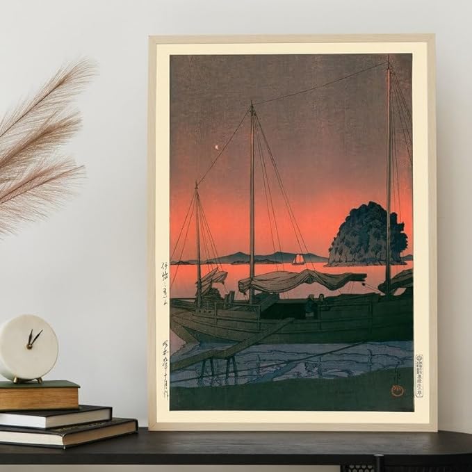 Nationcog Harbour Sunset Japanese Poster, Kawase Hasui Woodblock Print, Japandi Ocean Wall Art, Zen Vintage Decor for Calming Living Spaces (Unframed) (24x36)