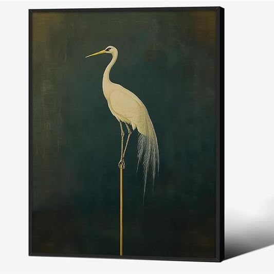 Black Framed Canvas Wall Art Posters Vintage Bird Prints Japanese Crane Retro Asian Bird Picture Abstract Maximalist Green Decor 16X20 inch for Bedroom Living Room Office Gallery