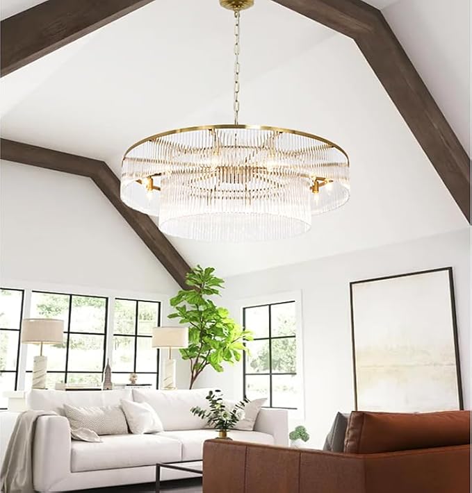 Modern Glass Chandelier Lighting Brass Chandeliers for High Ceiling Entryway Foyer Large Glass Hanging Light Fixture Grand Living Room Hall 39"