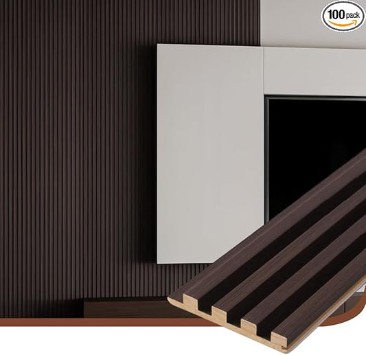2PCS Wood Slat Acoustic Wall Panels for Ceiling and Wall Decor 3D Fluted Sound Absorbing Textured Panel with Wood Finish 108"×6" (Walnut Brown)