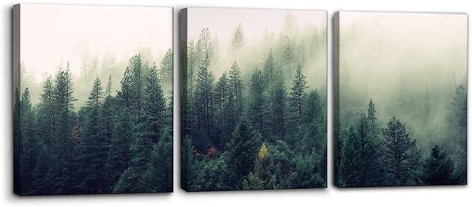 Pacimo Canvas Print Wall Art Set Aerial View of Pine Trees in Mist Nature Wilderness Photography Realism Rustic Scenic Modern Artwork Decor Stretch and Framed Ready to Hang - 12"x16"x3 Panels