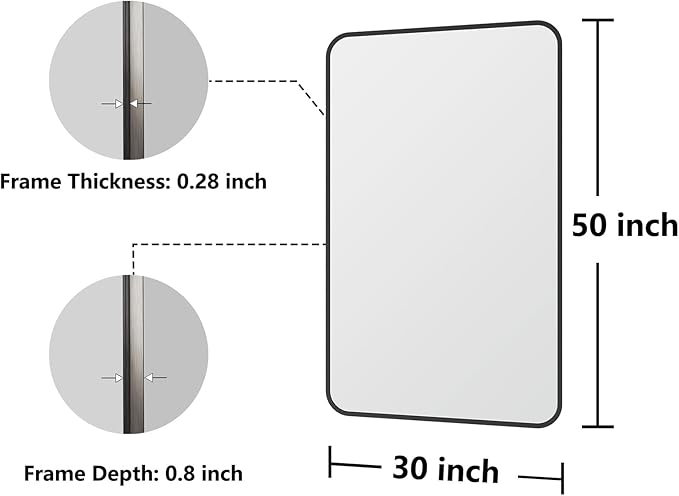 Bathroom Mirror, 30X50 Inch Black Metal Framed Mirror for Bathroom, Tempered Glass, Anti-Rust, Rounded Rectangle Mirror for Restroom, Bedroom, Black