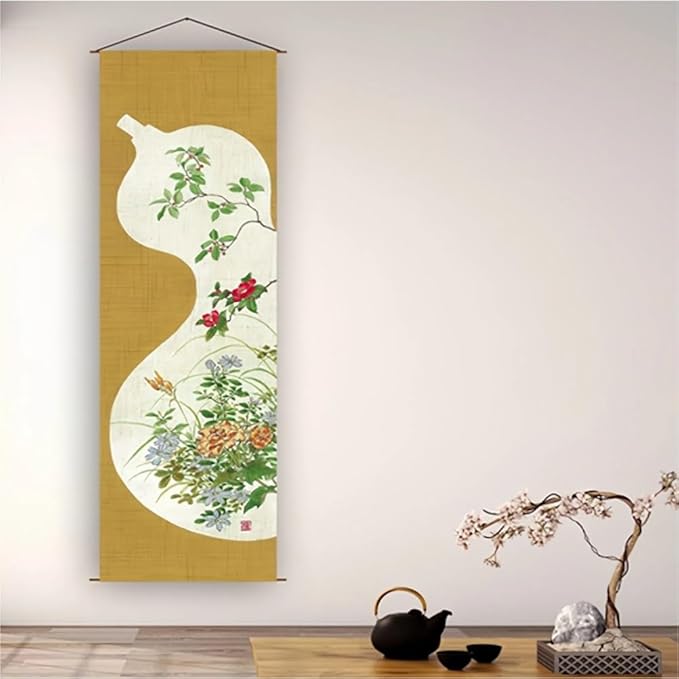 Japanese Tapestry Wall Art - Good Fortune Feng Shui & Lucky Symbols | W15.7xH47.2", Extra Long Vertical Hanging Decor for Bedroom, Living Room, Office | Washable Fabric (Gourd) CTT-37