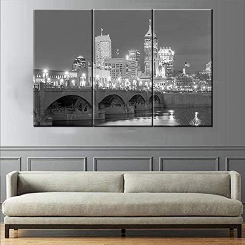 Canvas Print Wall Art Painting for Home Decor Black and White Indianapolis Skyline Night Buildings Cityscape Coastline 3 Pieces Paintings Artwork Picture City Pictures Photo Prints On Canvas 24x36inch