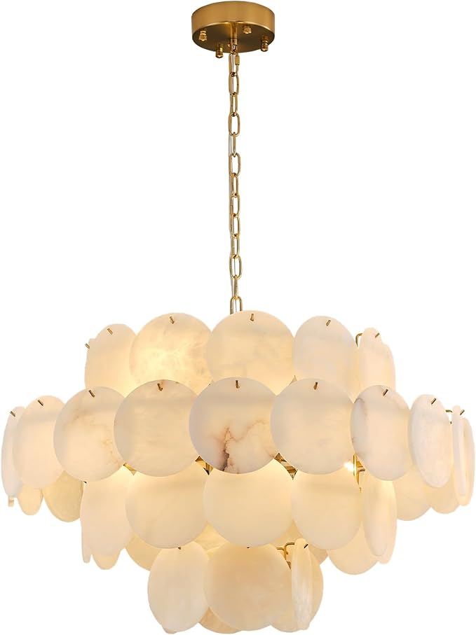 Natural Alabaster Round Chandelier, 31.5" Modern Marble Chandelier with 50 Stone Texture Panels, 12-Light Dimmable Spanish Alabaster Chandeliers for Living Room, Dining Room, Hallway