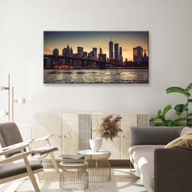 NAN Wind 1PCS New York City Skyline Canvas Wall Art Brooklyn Bridge at Sunset Golden Hour Manhattan Cityscape Pictures Canvas Artwork East River Reflection Modern Urban Home Decor Living Room Office