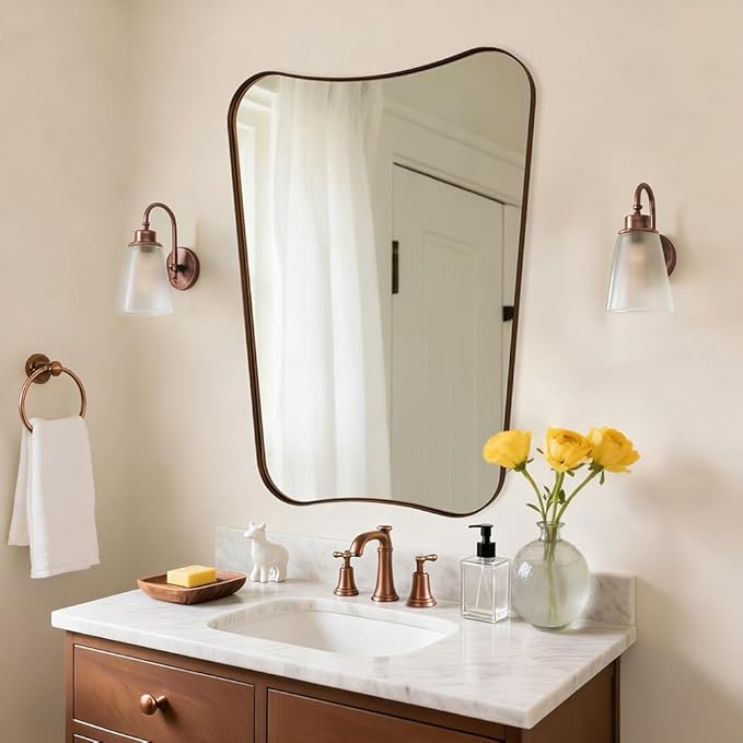 ANDY STAR Brushed Bronze Asymmetrical Mirror, 24"x36" Bathroom Mirror with Premium Stainless Steel Thin Frame, Antique Butterfly-Inspired Designer Mirror, Ideal for Bathroom, Powder Room, Entryway