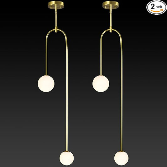 Modern Milk Glass Pendant Light 2 Light Mid Century Chandelier Small Glass Globe Gold Pendant Lights for Kitchen Island Bedroom Dining (2 Pack)