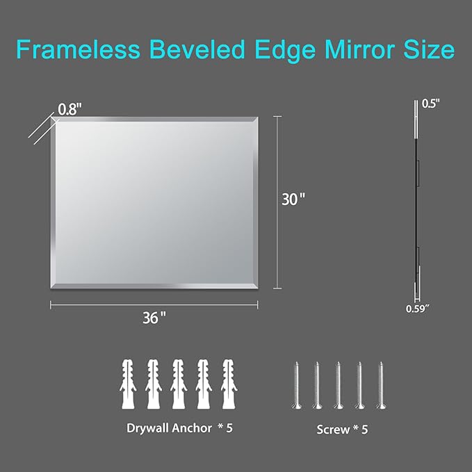 30x36 Inch Bathroom Mirror Frameless Beveled Edge Rectangle Wall Mirror Explosion Proof and Shatterproof Bathroom Vanity Mirror Wall Mounted Hang Firmly (Horizontal or Vertical)