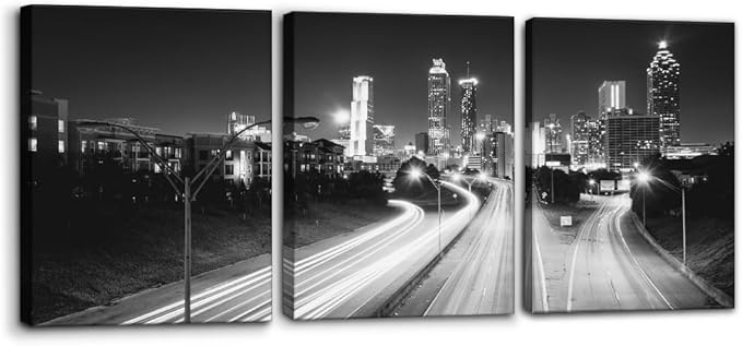 Pacimo Atlanta Night View Canvas Wall Art, Set of 3 Framed Painting Prints, Jackson Street City Skyline Pictures Modern Wall Decor for Living Room Bedroom Office Ready to Hang - 12"x16"x3 Panels