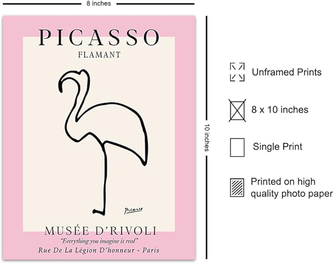 Pablo Picasso Poster 8x10 - Mid-Century Modern Decor - Minimalist Room Decor - Abstract Wall Art - Gallery Wall Art - Pink Flamingo Decor - Line Art Wall Print - Museum Poster - Tropical Beach House