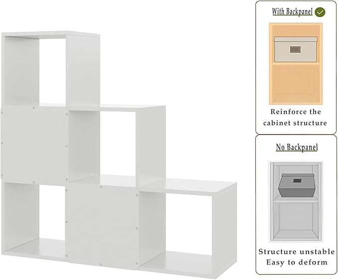 Ladder Cube Storage Bookcase - Wooden L-Shaped 3-Tier Corner Shelf, Reversible 6-Cube Organizer for Home & Office, White