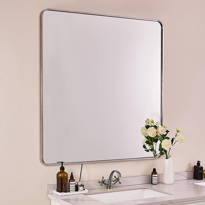 ANDY STAR 40x36 Inch Chrome Bathroom Mirror, Chrome Vanity Mirror for Wall, Rounded Rectangle Mirror, Anti-Rust SUS304, Seamless Tube Metal Frame, 1’’ Deep Wall Mounted Vertically/Horizontal