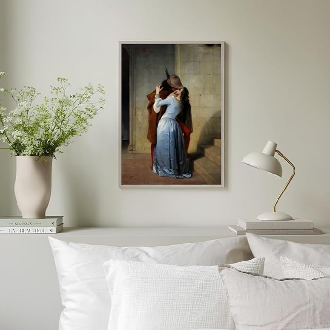 Nationcog The Kiss Romantic Wall Art Print, Classic Renaissance Couple Painting Poster, Historical Love Scene Artwork, Vintage Italian Style Bedroom or Living Room Decor for Couples (Unframed) (9x11)