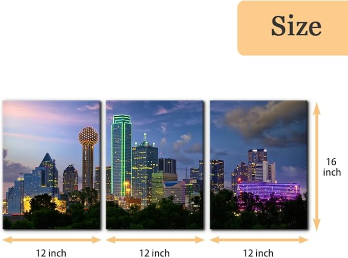 Pacimo Canvas Art Wall Decor Dallas City Skyline Pictures Landscape Painting Prints Texas Cityscape Modern Artwork Decoration for Home Decor Stretch and Framed Ready to Hang - 12"x16"x3 Panels