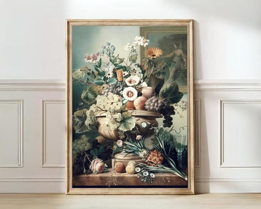 Nationcog Vintage Floral Still Life Wall Art Print - Classical Fruit and Flower Painting in Vase - Elegant Botanical Artwork for Kitchen, Dining Room, Hallway or Gallery Decor (Unframed) (20x30)