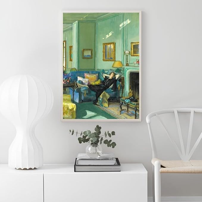 Nationcog Vintage Woman Relaxing in Living Room Wall Art, Elegant Interior Scene Painting Print, Cozy Green Room Aesthetic Poster, Classic Home Decor for Living Room or Study (Unframed) (12x18)