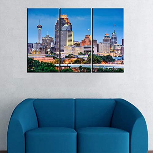 3 Pieces Wall Art Beautiful San Antonio Skyline Canvas Art Paintings for Room Decor Texas Cityscape Skyscrapers Night Scene Picture Prints On Canvas for Home Decor Modern Giclee Framed 24x36inch