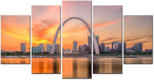 Canvbay 5 Piece City Skyline Canvas Wall Art St. Louis Gateway Arch at Sunset Painting Pictures USA Missouri Cityscape at Dusk Giclee Print Artwork for Living Room Home Decor Framed Ready to Hang