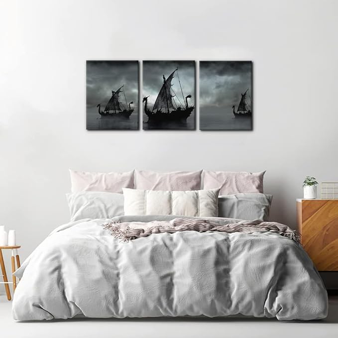 Pacimo Black and White Painting Wall Decor Vikings Ship Artwork Fantasy Sailing Boat Pictures for Living Room 3 Panel Dragon Modern Canvas Wall Art Framed Posters Prints Ready to Hang - 12" x 16" x 3
