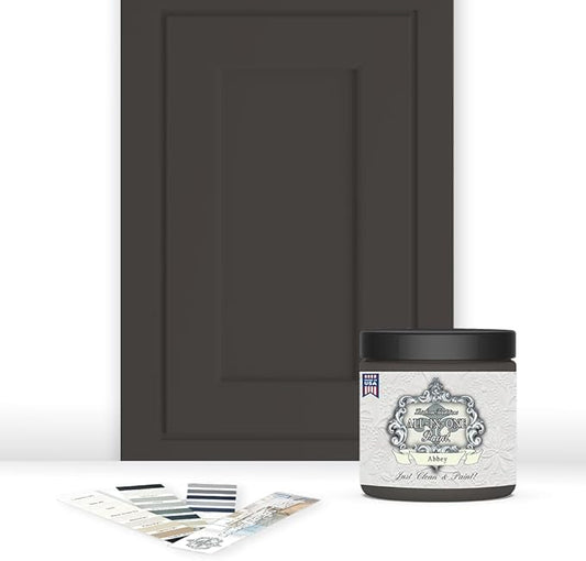 ALL-IN-ONE Paint, Durable cabinet and furniture paint. Built in primer and top coat, no sanding needed. Includes our 30 featured color card - Abbey (warm gray), 8oz Sample