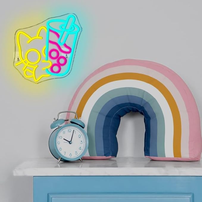 Looklight Cat Boba Tea Neon Sign Yellow Cute Kitty Bubble Tea Neon Signs for Wall Decor LED Neon Light Bar Sign Light Up Signs for Dimsum Store Bar Milk Tea Shop