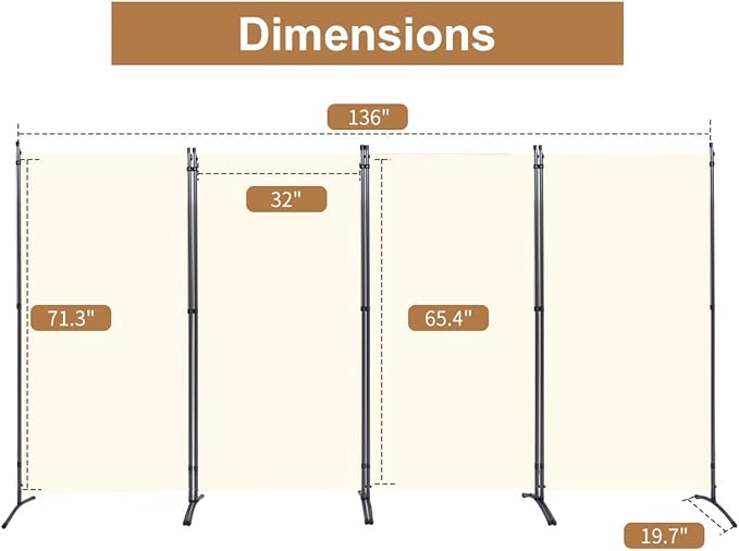 JVVMNJLK Indoor Room Divider, Portable Office Divider, Convenient Movable (4-Panel), Folding Partition Privacy Screen for Bedroom,Dining Room, Study,136" W x 19.7" D x 71.3" H, Beige