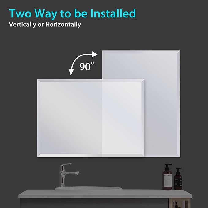Beveled Edge Mirror 20x28 Inch Frameless Rectangle Bathroom Wall Mirror Explosion Proof and Shatterproof Bathroom Vanity Mirror Wall Mounted Hang Firmly (Horizontal or Vertical)