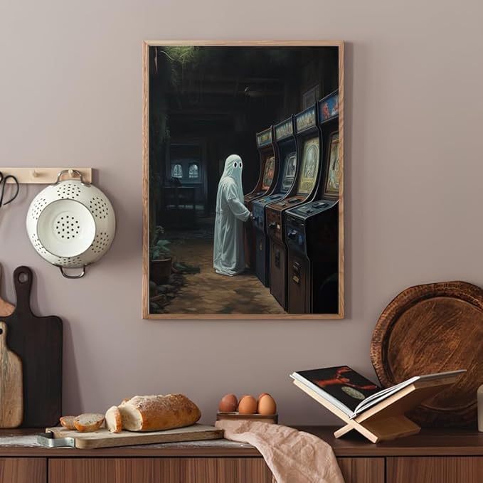 Nationcog Ghost Playing Arcade Wall Art Print – Retro Gaming Ghost Poster for Gamer Room, Halloween Decor, Spooky Aesthetic Art for Bedroom or Gaming Setup (Unframed) (16x24)