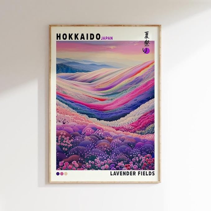 Nationcog Hokkaido Lavender Fields Poster, Japanese Wall Art Print, Colorful Landscape Artwork, Japandi Asian Style Home Decor for Bedroom, Living Room or Modern Interior (Unframed) (27x40)