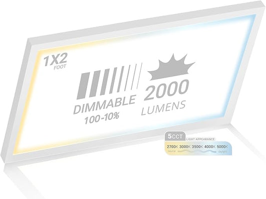 NUWATT 1x2 FT LED Flat Panel, 5CCT 2700K/3000K/3500K/4000K/5000K Selectable, 2000LM, 22W, Internal Driver, Dimmable, 120V, CRI90, 1 x 2 Surface Mount Panel, 12x24 Flush Mount LED Light, 1" Inch Thin