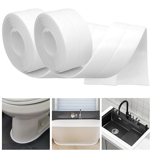 2 Rolls Caulk Tape Self Adhesive, Bathroom Waterproof White Caulking Sealant Strip Peel & Stick Wallpaper Floor Tile Toilet Tub Sink Backsplash Kitchen Wall Decor, Easier to Use Than Silicone Caulk