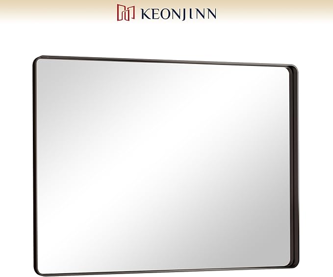 Keonjinn Black Framed Mirror for Bathroom 40 x 30 Inch Rounded Rectangle Wall Mirror, Matte Black Vanity Mirror for Over Sink, Tempered Glass Farmhouse Mirrors Seamless Metal Frame