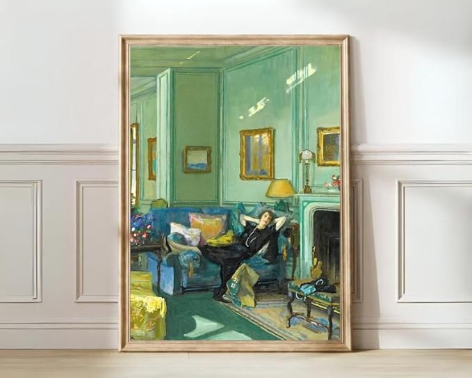 Nationcog Vintage Woman Relaxing in Living Room Wall Art, Elegant Interior Scene Painting Print, Cozy Green Room Aesthetic Poster, Classic Home Decor for Living Room or Study (Unframed) (11x14)