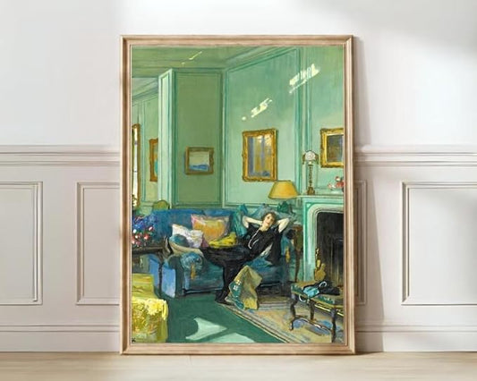 Nationcog Vintage Woman Relaxing in Living Room Wall Art, Elegant Interior Scene Painting Print, Cozy Green Room Aesthetic Poster, Classic Home Decor for Living Room or Study (Unframed) (24x36)