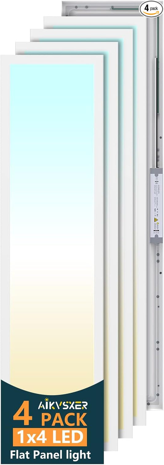 AIKVSXER 4 Pack 1x4 LED Flat Panel Light, 50W 5500LM Surface Mount Ceiling Fixture, 3CCT (3000K/4000K/5000K), Ultra-Thin 48In, 10-100% Triac Dimmable for Kitchen, Garage, Office, Basement
