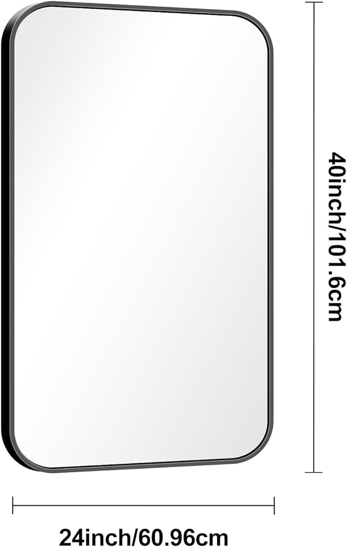 BONEWEI 24x40 inch Bathroom Mirror,Black Rectangle Mirror,Wall Mounted Bathroom Frame Vanity Mirror with Round Corner for Bedroom Living Room,Entryway Hangs Horizontal or Vertical