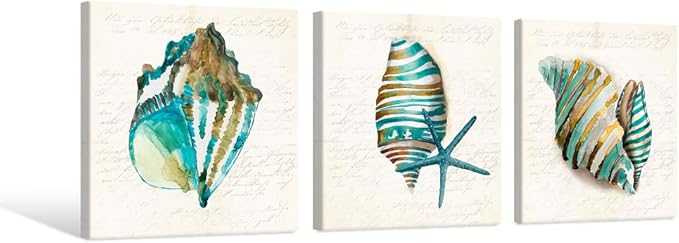 JAPO ART - Sea Lift Picture Abstract Artwork Aquarelle Color Blue Shells Gold Foil Painting Print on Canvas 20x20Inchx3 pcs